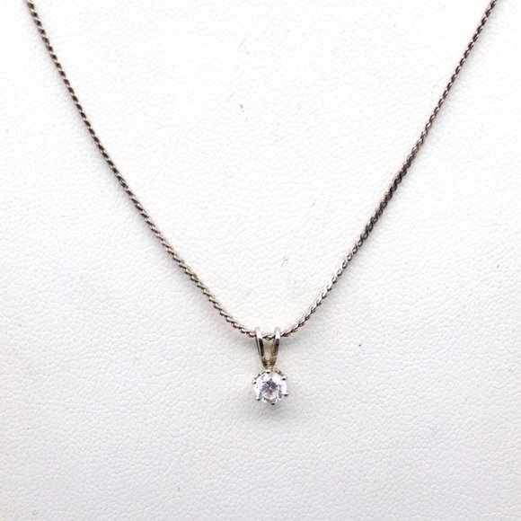 Vintage CZ Solitaire Classic Pendant Necklace on Delicate Silver Tone Chain - Picture 1 of 4